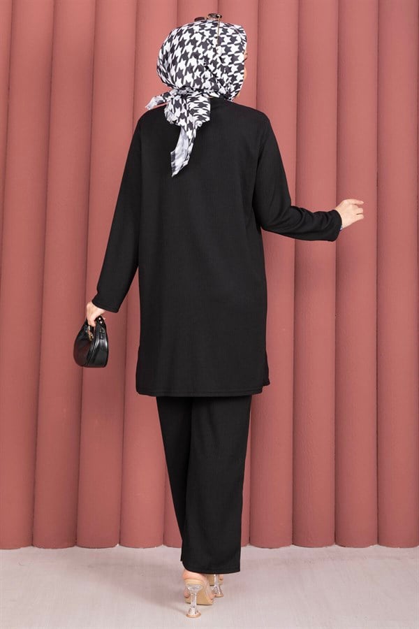 Side Slit Tunic and Pants 2 Piece Set, Black