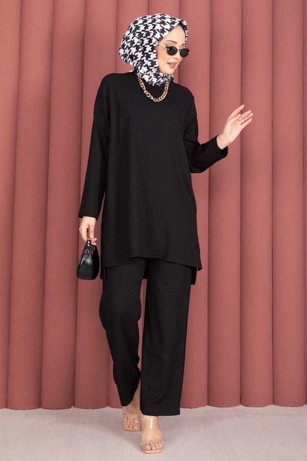 Side Slit Tunic and Pants 2 Piece Set, Black
