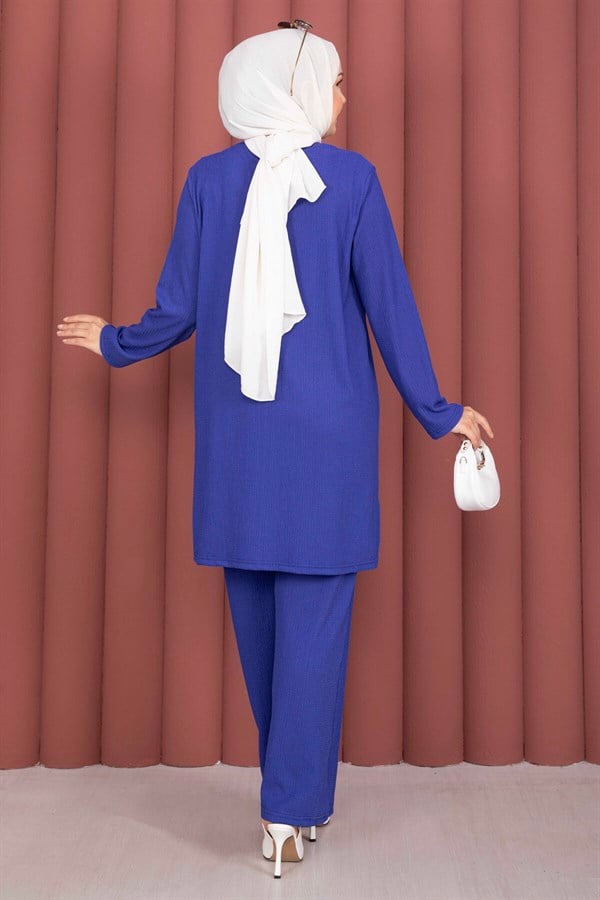 Side Slit Tunic and Pants 2 Piece Set (Navy Blue)