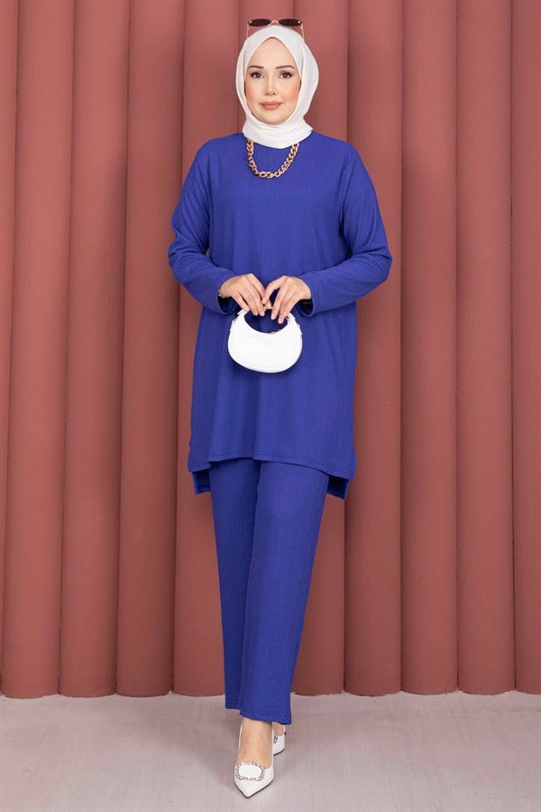 Side Slit Tunic and Pants 2 Piece Set (Navy Blue)