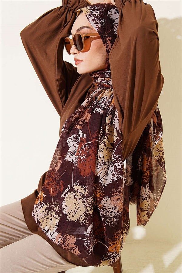 Leaf Pattern Aya Series Shawl Chestnut