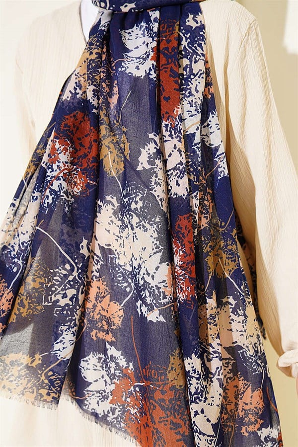 Leaf Pattern Aya Series Scarf Navy Blue