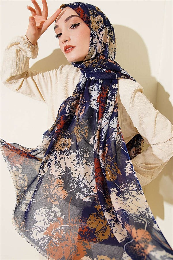 Leaf Pattern Aya Series Scarf Navy Blue