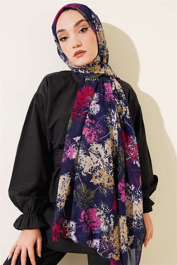 Leaf Pattern Aya Series Scarf Navy Blue Fuchsia