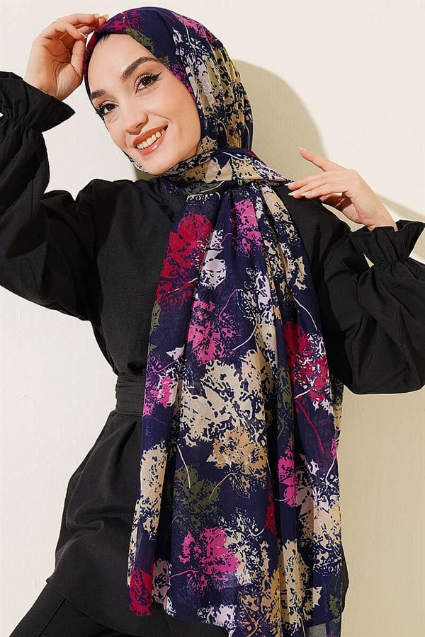 Leaf Pattern Aya Series Scarf Navy Blue Fuchsia