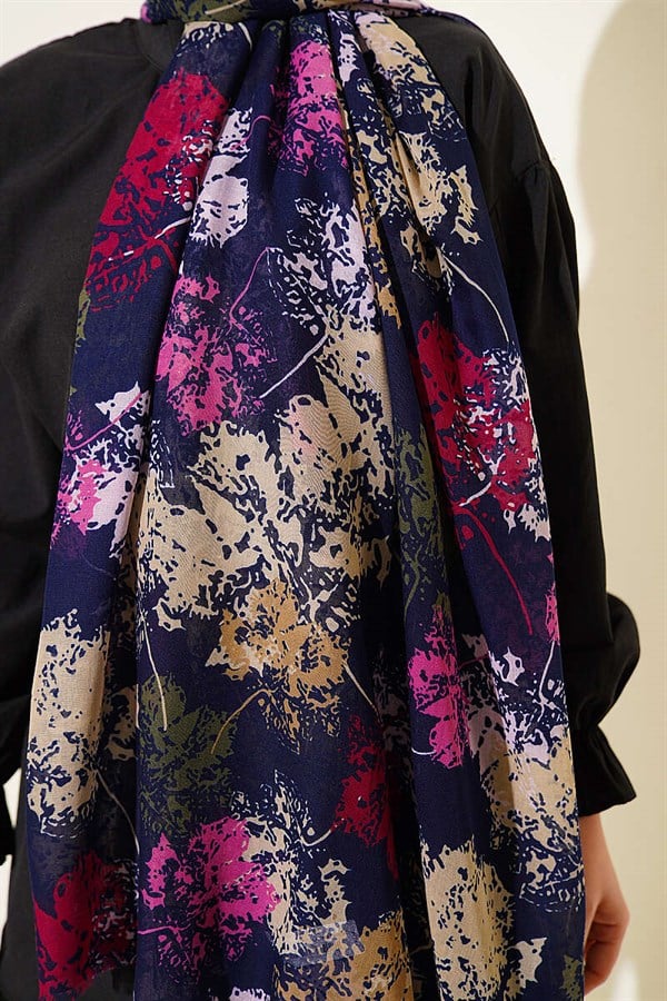 Leaf Pattern Aya Series Scarf Navy Blue Fuchsia