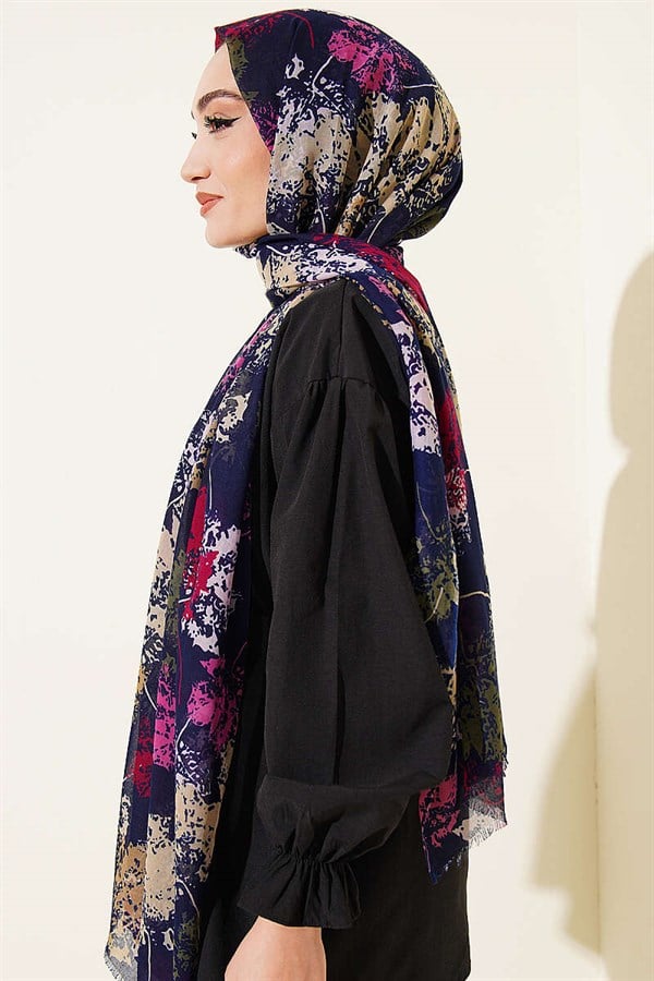 Leaf Pattern Aya Series Scarf Navy Blue Fuchsia