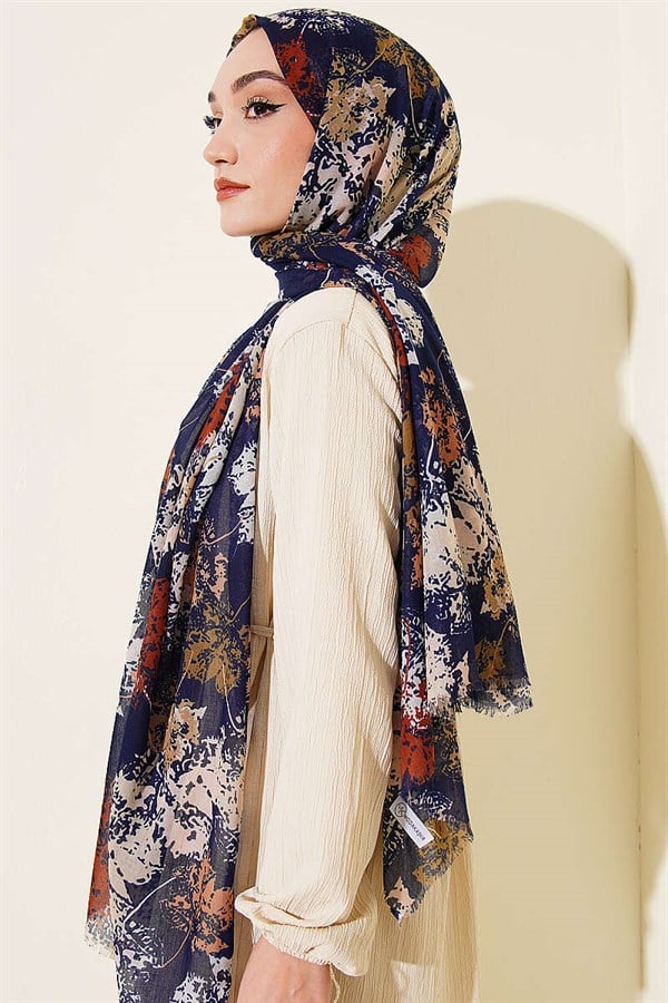 Leaf Pattern Aya Series Scarf Navy Blue
