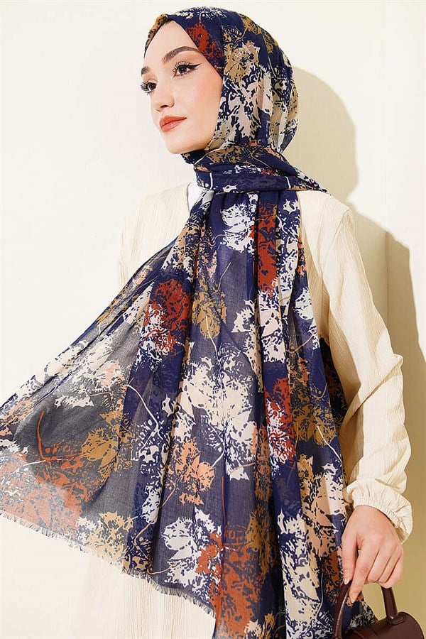 Leaf Pattern Aya Series Scarf Navy Blue