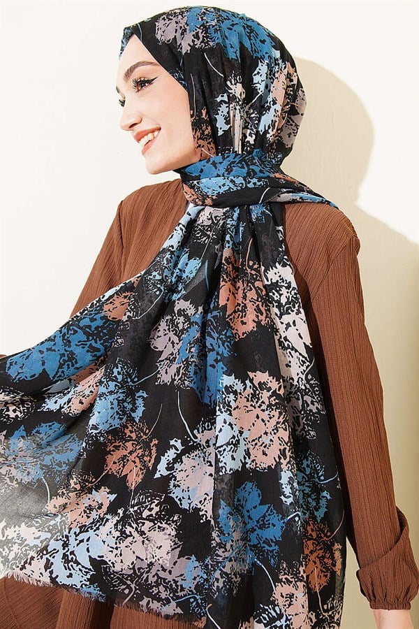 Leaf Pattern Aya Series Scarf Black Blue