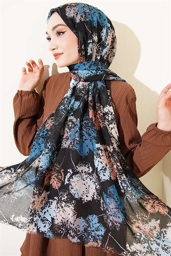 Leaf Pattern Aya Series Scarf Black Blue