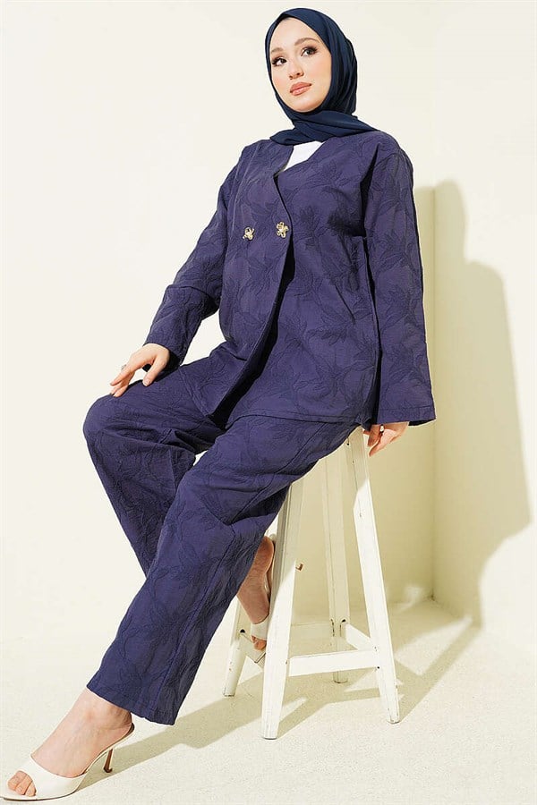 Leaf Pattern Floral Buttoned Suit Navy Blue