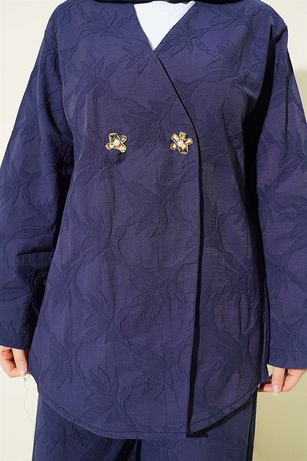 Leaf Pattern Floral Buttoned Suit Navy Blue
