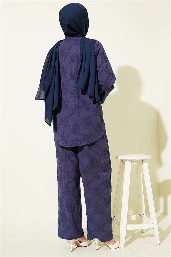Leaf Pattern Floral Buttoned Suit Navy Blue