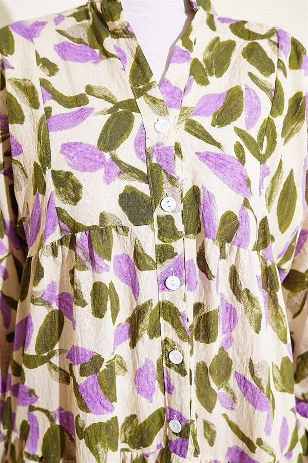 Leaf Pattern Buttoned Mandarin Collar Dress Khaki