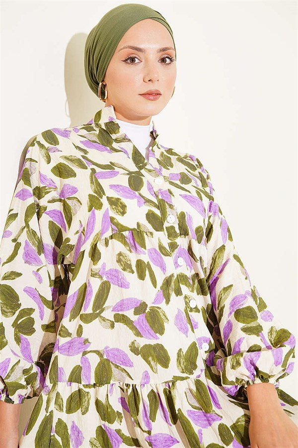 Leaf Pattern Buttoned Mandarin Collar Dress Khaki