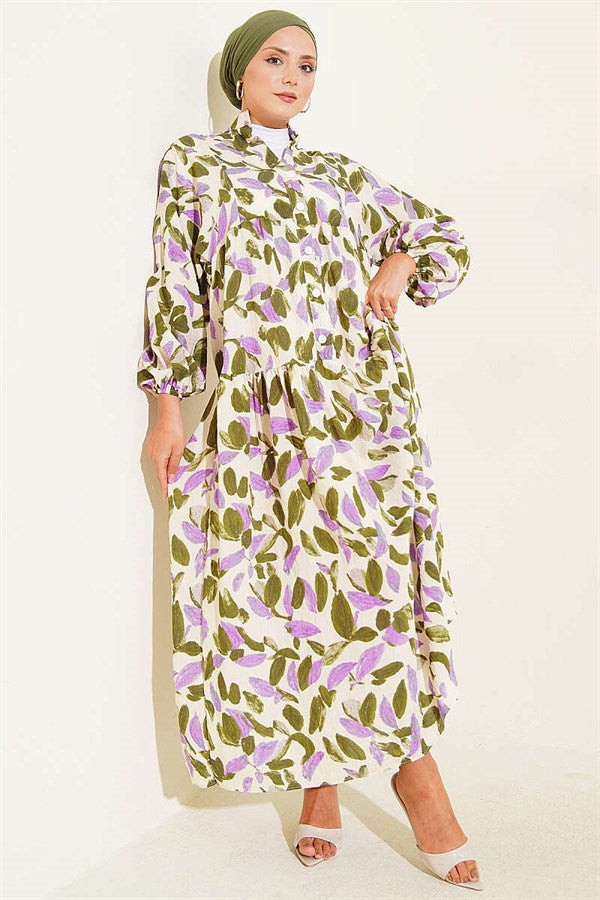 Leaf Pattern Buttoned Mandarin Collar Dress Khaki