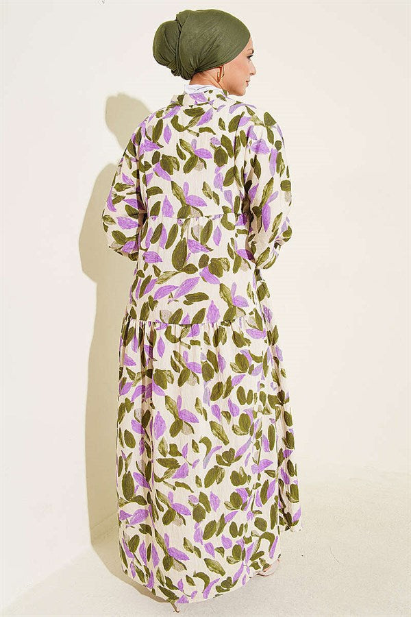Leaf Pattern Buttoned Mandarin Collar Dress Khaki