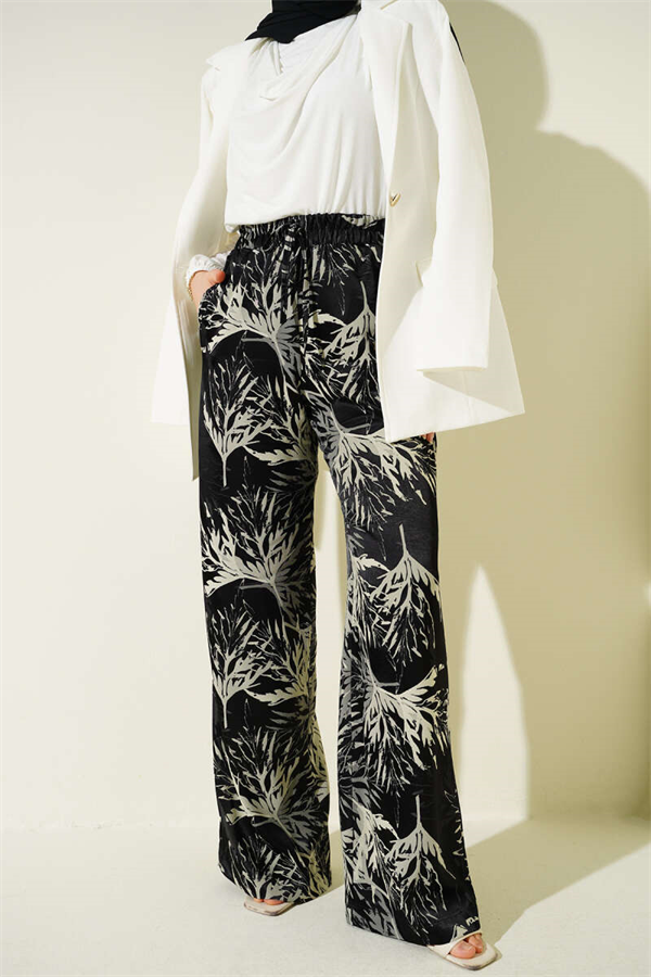 Leaf Pattern Satin Wide Leg Trousers Black