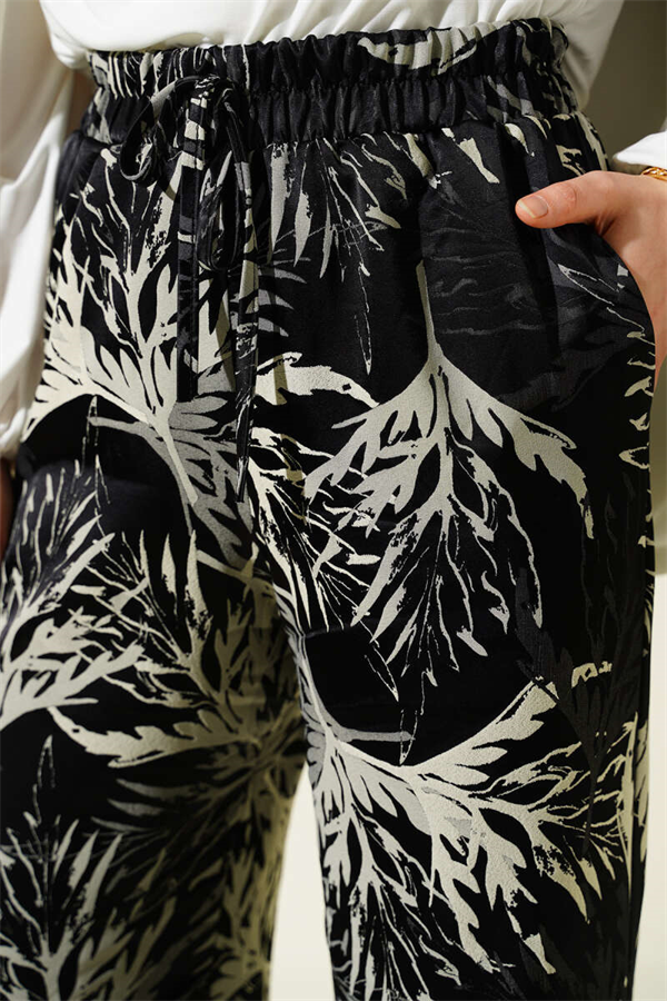 Leaf Pattern Satin Wide Leg Trousers Black
