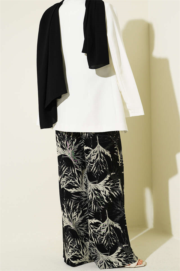 Leaf Pattern Satin Wide Leg Trousers Black