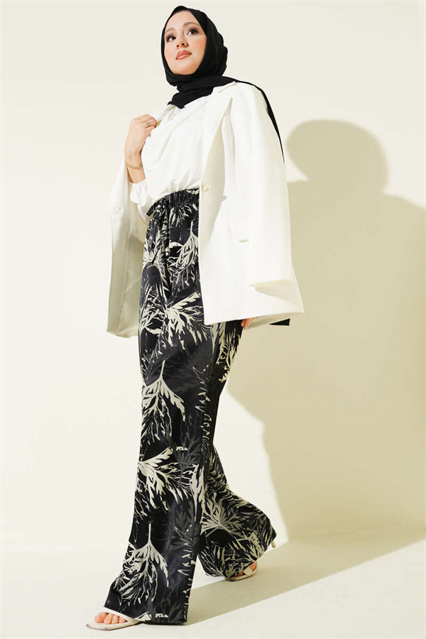 Leaf Pattern Satin Wide Leg Trousers Black