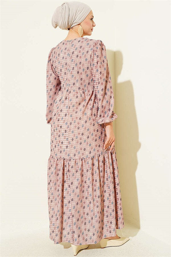 Leaf Patterned Flared Dress Latte
