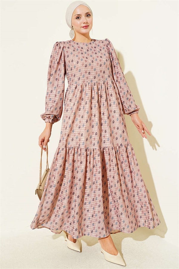 Leaf Patterned Flared Dress Latte