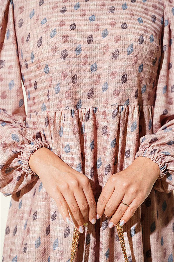 Leaf Patterned Flared Dress Latte