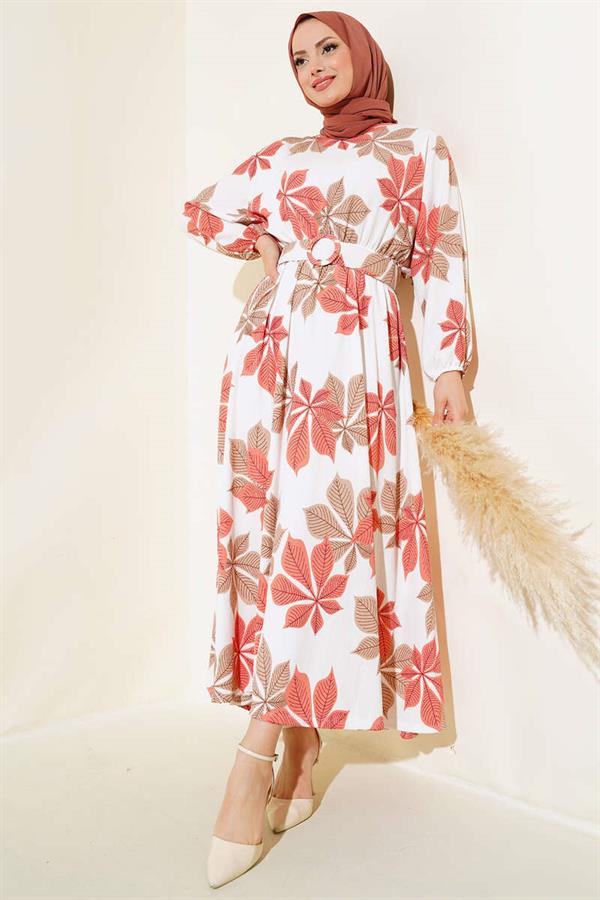  Leaf Patterned Mevlana Dress Dusty Rose