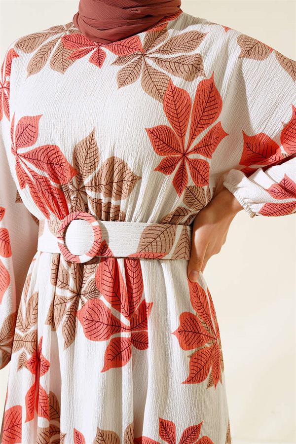  Leaf Patterned Mevlana Dress Dusty Rose