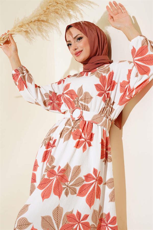  Leaf Patterned Mevlana Dress Dusty Rose