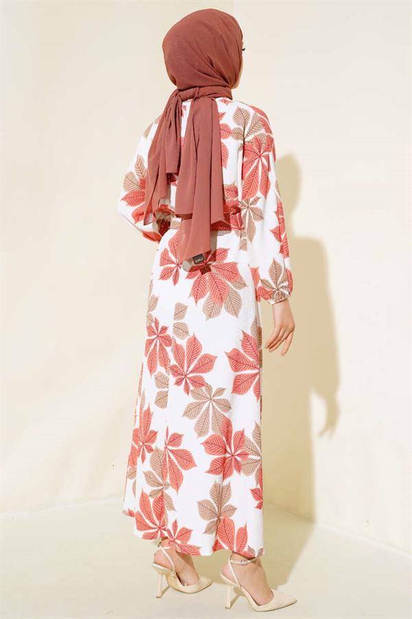  Leaf Patterned Mevlana Dress Dusty Rose