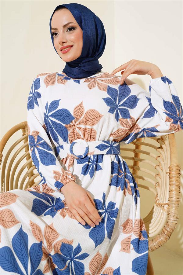Leaf Patterned Mevlana Dress Indigo
