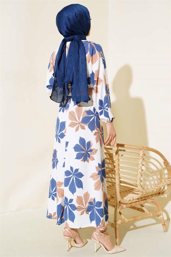 Leaf Patterned Mevlana Dress Indigo