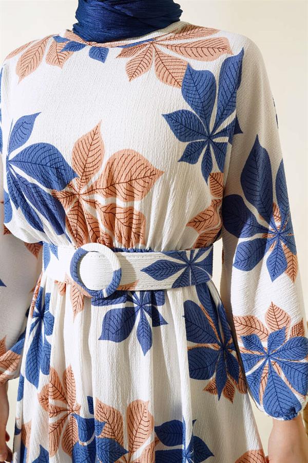 Leaf Patterned Mevlana Dress Indigo