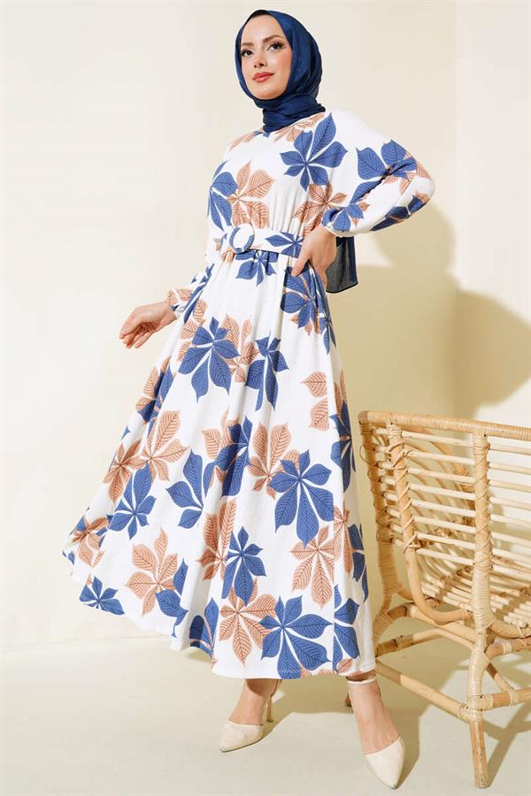 Leaf Patterned Mevlana Dress Indigo