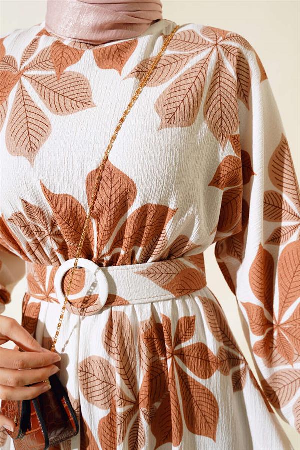 Leaf Patterned Mevlana Dress Latte