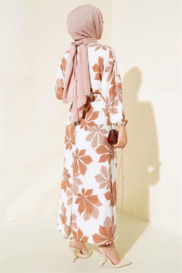 Leaf Patterned Mevlana Dress Latte