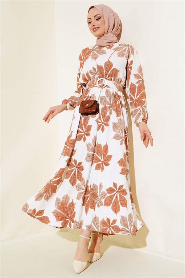 Leaf Patterned Mevlana Dress Latte