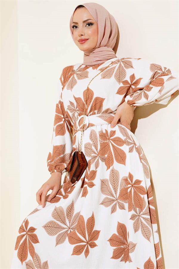 Leaf Patterned Mevlana Dress Latte