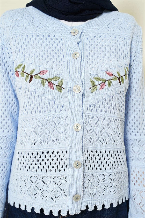 Leaf Embroidered Openwork Short Knit Cardigan, Baby Blue
