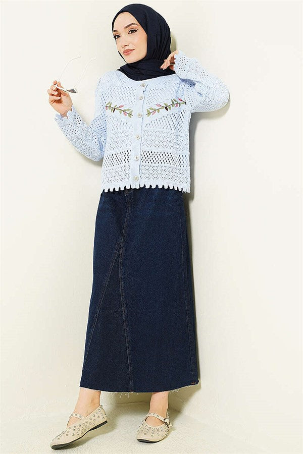 Leaf Embroidered Openwork Short Knit Cardigan, Baby Blue