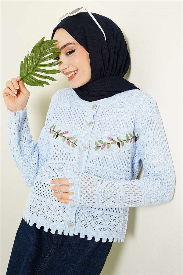 Leaf Embroidered Openwork Short Knit Cardigan, Baby Blue