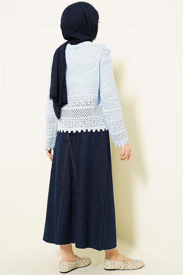 Leaf Embroidered Openwork Short Knit Cardigan, Baby Blue