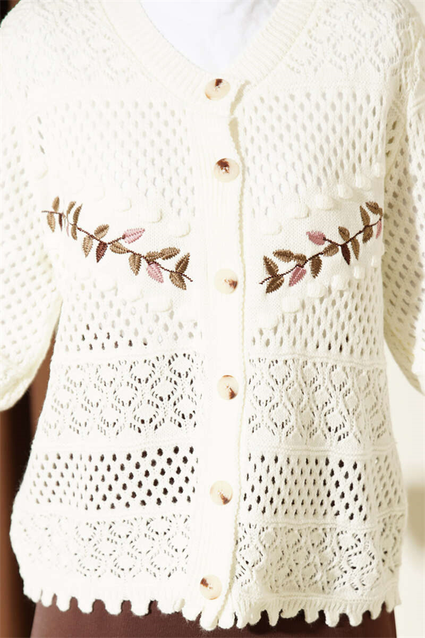 Leaf Embroidered Openwork Short Knit Cardigan, Ecru