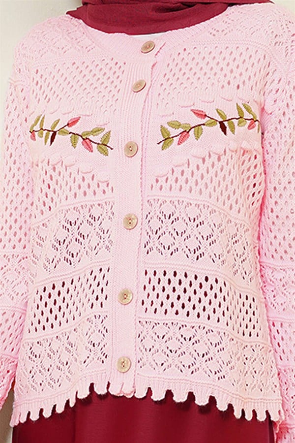 Leaf Embroidered Openwork Short Knit Cardigan Pink
