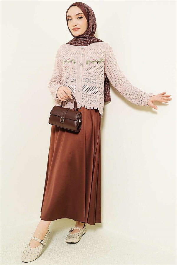 Leaf Embroidered Openwork Short Knit Cardigan Powder Pink