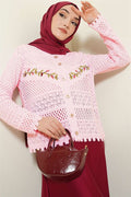 Leaf Embroidered Openwork Short Knit Cardigan Pink