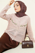 Leaf Embroidered Openwork Short Knit Cardigan Powder Pink
